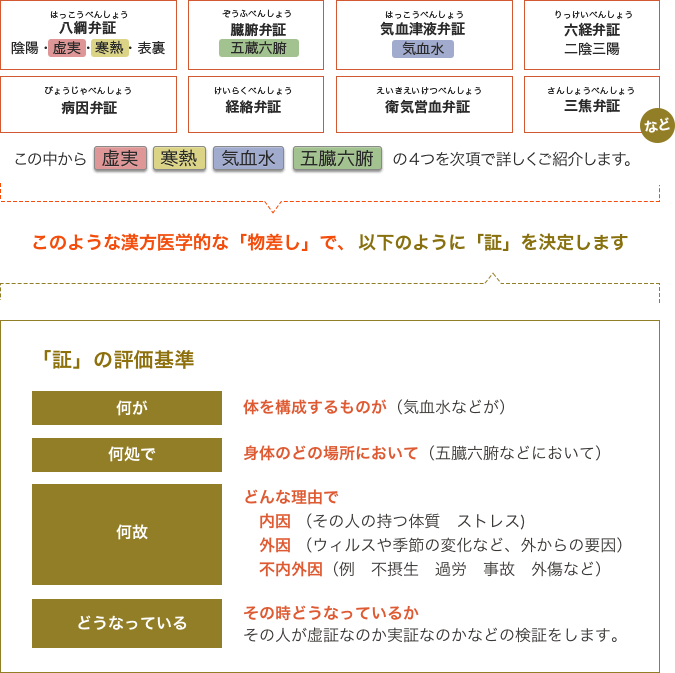 このような漢方医学的な「物差し」で、以下のように「証」を決定します